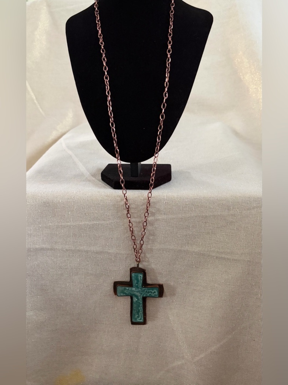 Copper Turquoise Cross Pendant Long Chain Necklace